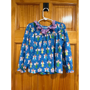 Smockingbird Angel Print Girls Ruffle Neck Top Blue Purple Size 3 Cottagecore
